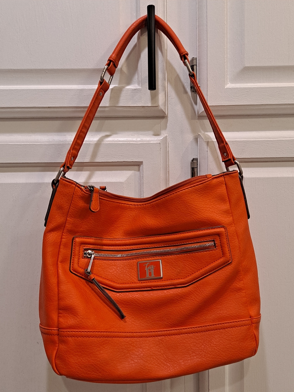 Tignanello Tig II Coral Orange Faux Leather Shoulder Bag W/Front Zip Pocket
